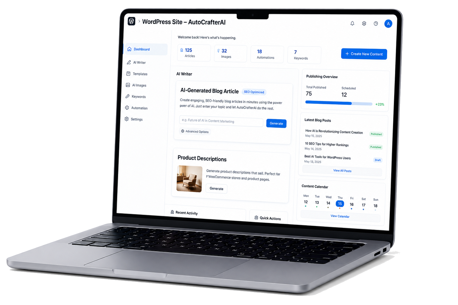 AutoCrafterAI plugin running in the WordPress editor